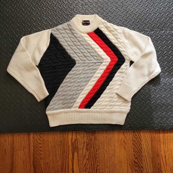Vintage 100% Wool Cable Knit Ski Sweater, White Black Red Chevron Pattern, XL - Picture 2 of 16
